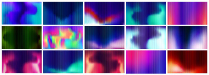 Poster - Glass gradient fractal background with neon light effect and ribbed pattern. Abstract vertical design in vibrant purple and green color spectrum. Modern geometric prism with chromatic aberration.