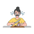 © Power Clipart - Woman crying while chopping red onion in the kitchen causing tearful eyes and discomfort