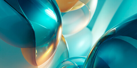 Poster - Abstract glossy spheres in teal, orange, and white tones with smooth reflections and fluid forms creating a futuristic and vibrant composition