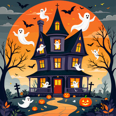 Wall Mural - Haunted Mansion with Ghosts and Pumpkins at Halloween Night