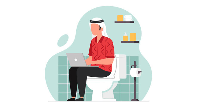 A man in traditional Middle Eastern attire sits on a toilet using a laptop, illustrating the modern challenges of work-life balance and remote work culture.