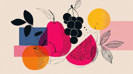 Poster - Abstract Fruit Lineart in Modern Style With Bold Colors and Vibrant Designs Showcasing Various Fruits and Playful Shapes
