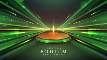 Wall Mural - Golden empty podium with aurora beam effect decoration and light star. Luxury green background design concept for promotion beauty product and cosmetic or award ceremony scene.