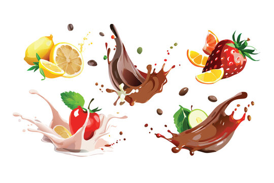 Photorealistic Splash with Ingredients Vector Bundle. Dynamic Liquid Motion with Gradient Mesh Shading