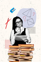 Poster - Composite image montage trend artwork 3D collage of portrait young girl hand hold copybook back class classroom college courses pencil