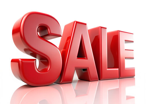 A glossy red 3d sale text design with a reflective surface, perfect for advertising and promotional materials isolated on transparent background