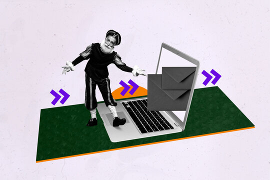 Template sketch trend artwork 3D collage of old man retro style middle ages virtual technology netbook computer remote sms letter envelope