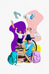 Poster - 3D collage trend artwork composite sketch poster of two friends young age girl jump stack book fall knowledge learn nerd pupil backpack