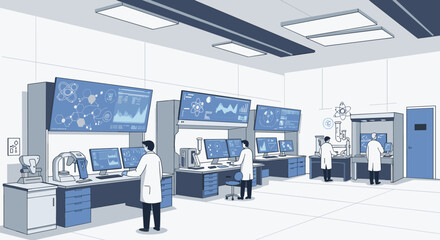 Poster - Modern research laboratory with scientists working on advanced technology