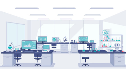 Poster - Modern scientific laboratory interior with equipment and computers in flat design