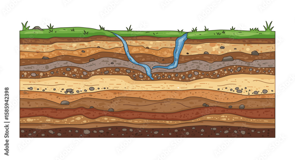 Geological layers cross section with underground water streams and soil ...