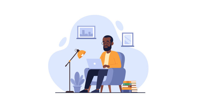 A young Black man is sitting in a comfortable armchair at home, working on his laptop, with a lamp, books, and wall art adding to the cozy atmosphere.