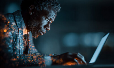 Poster - African american man working on laptop with city overlay on jacket