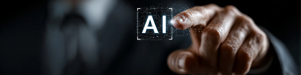 Poster - A finger touching ai interface with digital lines and dark background