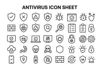 Fototapete - Antivirus Icon Sheet: A comprehensive collection of Antivirus related icons, including shields, bugs, firewalls, locks, and other security elements. Perfect for websites, apps, and presentations.