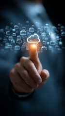 Poster - A person touching a cloud icon surrounded by file icons in the air