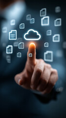 Poster - Finger touching a cloud icon surrounded by document icons on a screen