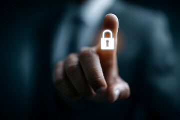 Poster - A glowing padlock icon on a fingertip against a blurred dark background