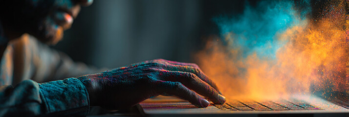 Poster - Person using laptop with colorful smoke effects around the keyboard area