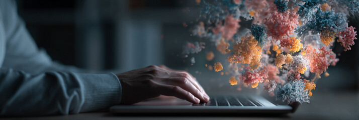 Poster - Person typing on laptop with abstract floral design emanating from screen