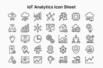 Fototapete - IoT Analytics Icon Set: A comprehensive set of IoT analytics icons in black line style, covering cloud computing, data processing, and smart technology concepts.