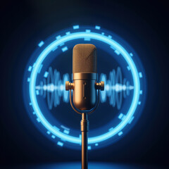 Poster - vintage microphone with glowing sound waves in background, symbolizing audio technology and creativi