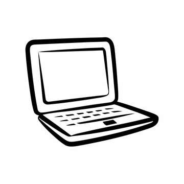 Minimalist black and white drawing of an open laptop on plain background