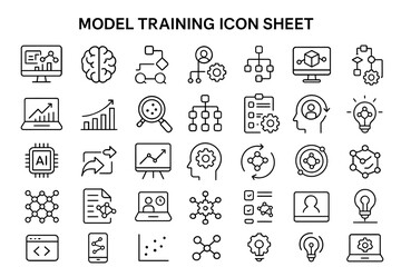 Poster - Model Training Icon Sheet: An array of meticulously crafted icons illustrates key concepts from data analysis to AI, including algorithms, neural networks, and data visualization, all in a clean.