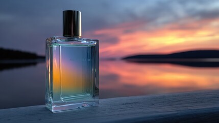 Poster - Minimalist Perfume Bottle Stands on a White Surface Against a Vibrant Sunset Landscape by a Tranquil Body of Water at Dusk