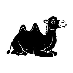 Poster - A black silhouette of a cartoon camel sitting down on a white background