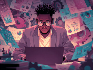 Poster - Man with glasses working on laptop surrounded by flying data and gears