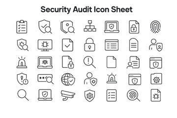 Poster - Security Audit Icon Sheet: A comprehensive collection of minimalist icons, meticulously crafted to represent various aspects of security audits, data protection, network analysis.