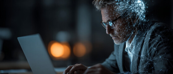 Poster - Man in suit using laptop with digital network overlay on his face