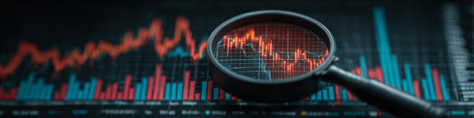 Poster - Magnifying glass over a stock chart showing a downward trending market