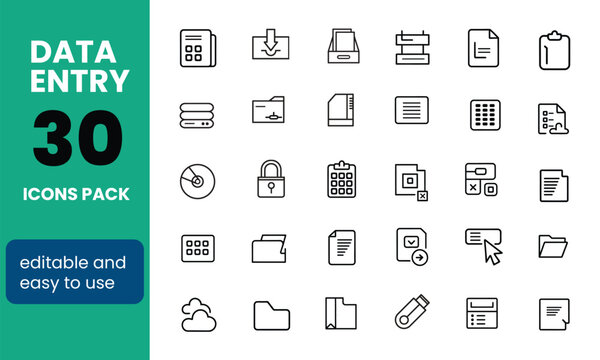 Minimal Black Line Icons for Data Entry and Office Workflow—Editable Vector Set