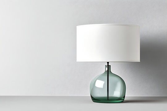 Table Lamp with Green Glass Base and White Shade on Table