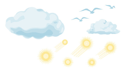 Poster - Watercolor painting of clouds and birds with sunlight shining through on a white background scene view