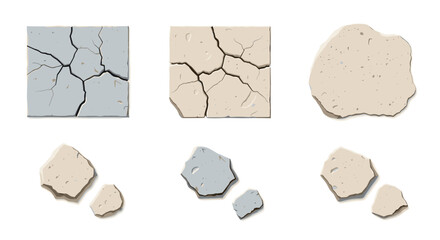Poster - Illustration of cracked tiles and stone fragments in various shapes and neutral color palettes on white