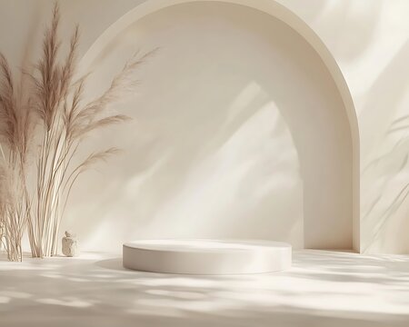 Product Display Podium with Pampas Grass and Arch in Neutral Tones