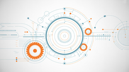 A technical blueprint-style digital illustration with a white background featuring mechanical and technological elements.