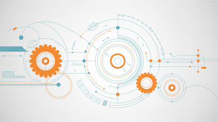 A technical blueprint-style digital illustration with a white background featuring mechanical and technological elements.