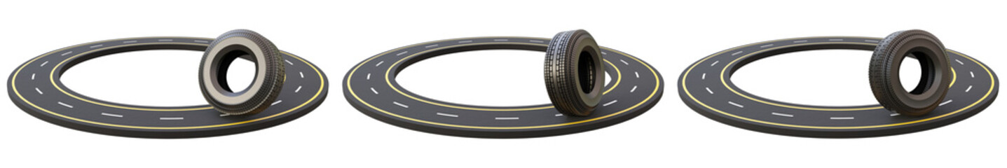 Poster - Set of circle road with car tire on a isolated background. Set of highway asphalt road and wheel isolated. Trasportation, navigation, travel or trip elements.