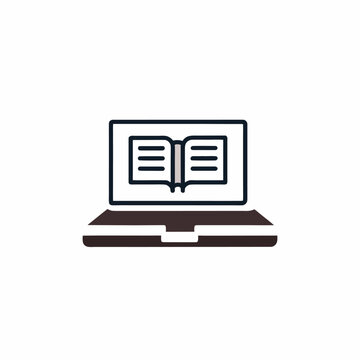 Digital learning concept with an open book on a laptop screen isolated on white background