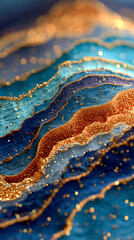 Poster - Close-up of textured topographic layers with rich blue and teal shades, adorned by scattered golden glitter particles