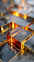 Poster - Golden-edged black glass blocks with molten textures emit a glowing, high-tech ambiance