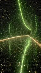 Poster - A glowing green tunnel lined with golden lights and digital grid patterns, forming a surreal, high-tech corridor with reflective surfaces