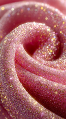 Poster - A macro shot of soft, curling pink fabric covered in fine glitter particles, creating a dazzling and luxurious shimmering texture