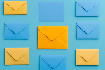 Poster - Colorful paper: Light blue background featuring yellow and blue envelopes, creating a visually engaging pattern for communication concepts.