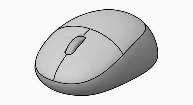A grayscale illustration of a simple, ergonomic computer mouse.