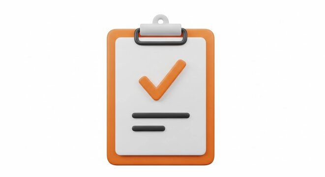 A 3D rendered orange clipboard with a checkmark, indicating completion or approval.